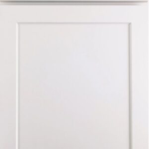 Close-up of a sleek white kitchen cabinet door with a minimalist design.